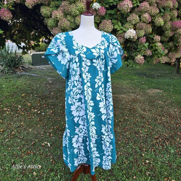 Jade Fashions Teal Blue Green White Tropical Floral Hawaiin Dress 80s 90s XL - Picture 1 of 8